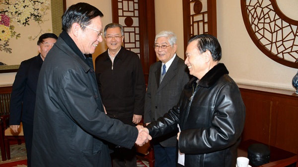 全国工商联原副主席程路与青爱教育基金会名誉会长邓铜山将军亲切握手