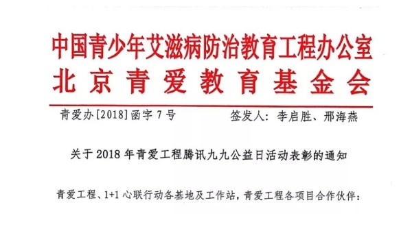 2018年青爱工程腾讯九九公益日活动表彰名单新鲜出炉